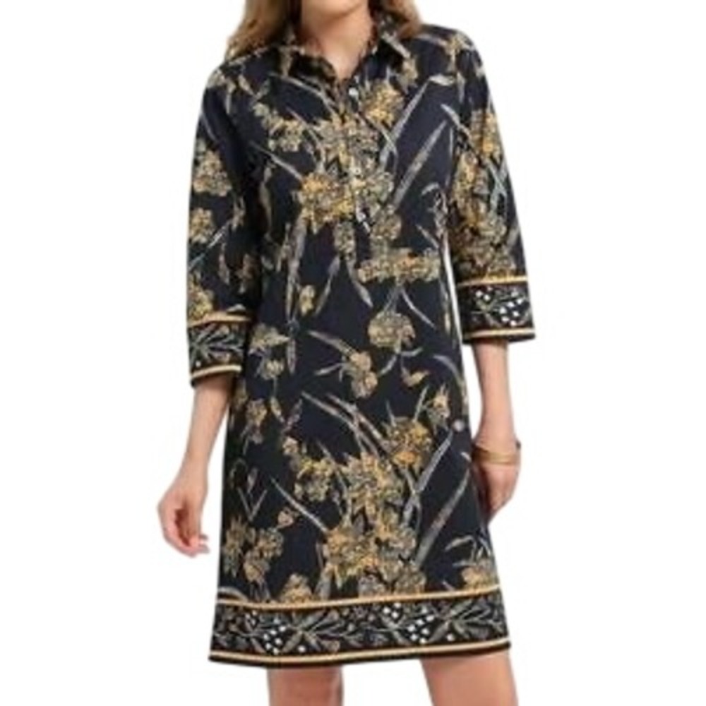 NWT‎ Bella Tu Black Floral Boho 3/4 Sleeve Cotton Blend Preppy Shirtdress XS